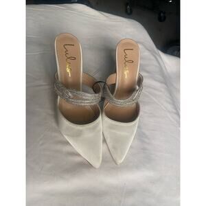 Lulus, Celines White Satin Rhinestone pointed-Toe Mule Pumps.